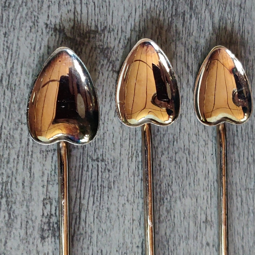 3 Vintage Italian Heart Shaped Stir Stick Spoon Straw, Silver Plated, MARKED